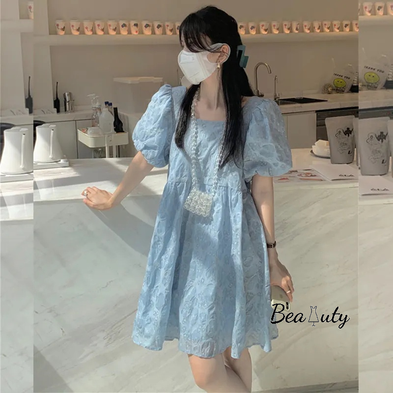 [MURIOKI] Đầm Chiffon Chữ A Cổ Vuông Tay Phồng In Họa Tiết Phong Cách Hàn Quốc Thời Trang Quyến Rũ Cho Nữ