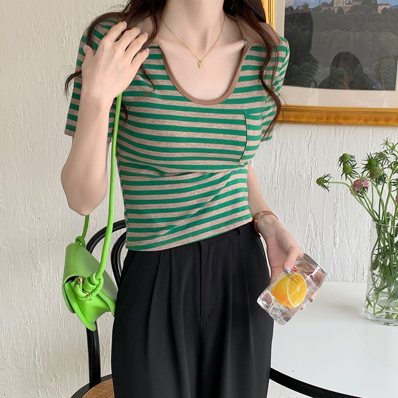 SUXI Áo Thun Cotton Ngắn Tay Cổ Chữ U Họa Tiết Kẻ Sọc Phong Cách Vintage Thời Trang Mùa Hè