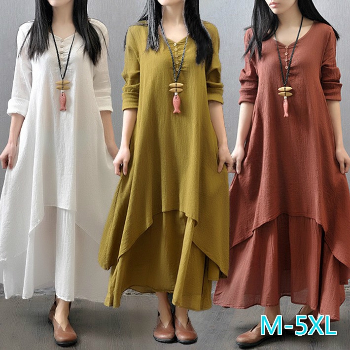 Đầm maxi vải lanh dài tay màu trắng