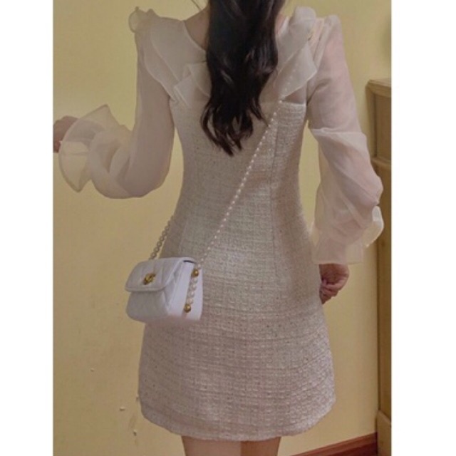 Váy Dạ Nữ 2 Lớp Tay Dài Phối Tơ Màu Be Siêu Xinh | BigBuy360 - bigbuy360.vn