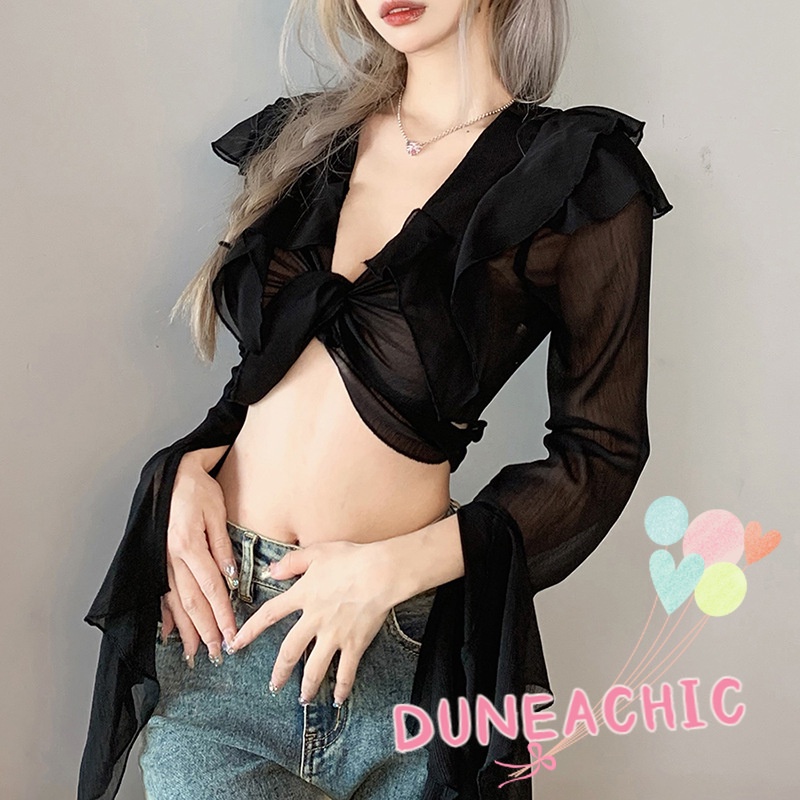 DUNEA Áo Croptop Tay Dài Phối Lưới Phong Cách Quyến Rũ Cho Nữ