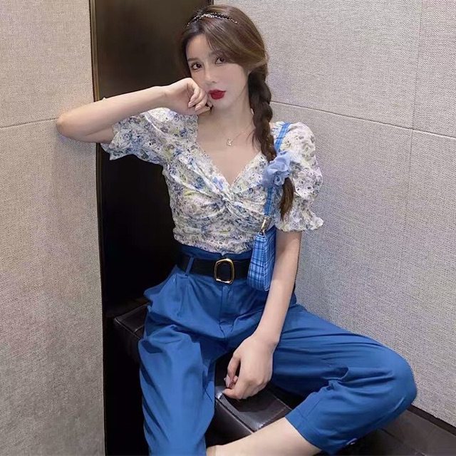 Sét áo sơ mi croptop+ quần kaki cao cấp hàng sẵn có bán lẻ