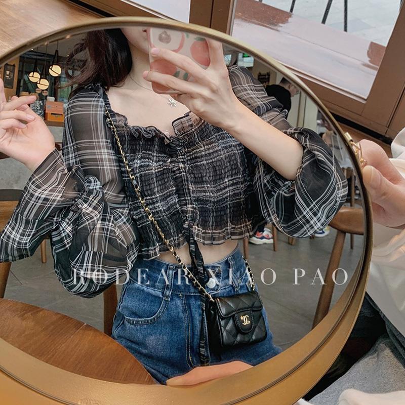 Áo Voan Cổ Vuông Họa Tiết Sọc Caro Thiết Kế Mới Ngọt Ngào Thời Trang Cho Nữ