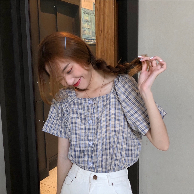Áo Kiểu Cổ Vuông Tay Phồng Kẻ Sọc Thời Trang Mùa Hè Cho Nữ