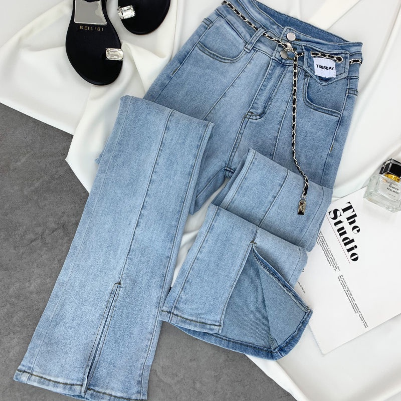Jiashucheng Dadongmen Quần Jean Nữ Cạp Cao Dáng Ôm Cỡ Lớn Xẻ Tà Sàn Nhà-