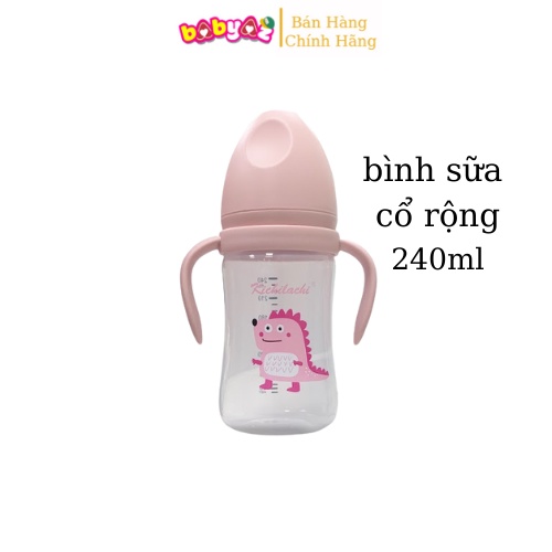 Bình Sữa Cho Bé, Nhựa PP Cổ Rộng, Kichi Có Quay Cầm 240ml