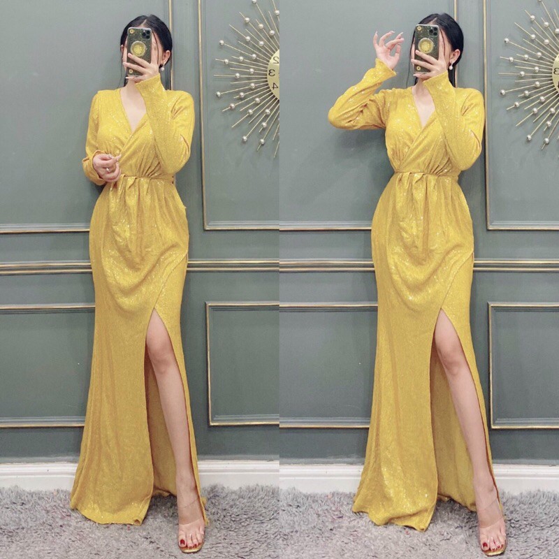 ĐẦM DẠ HỘI KIM TUYẾN TAY DÀI