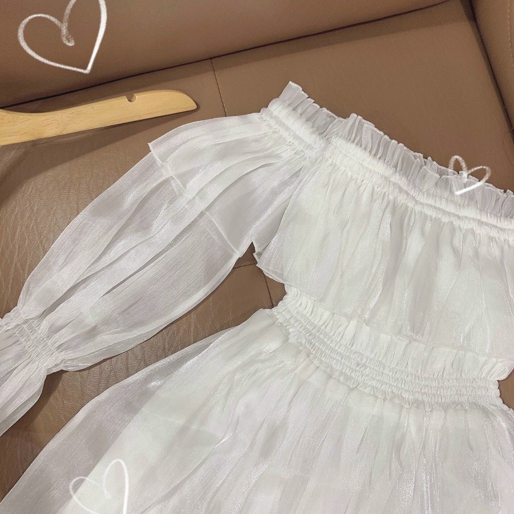 |Có Ảnh Thật| Váy Dáng Xoè Tay Dài Trễ Vai Nhún Eo Voan Bóng Ulzzang Siêu Xinh