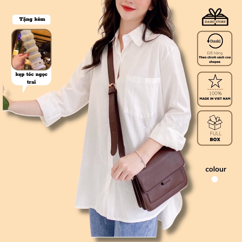 Áo dài tay trắng, Áo sơ mi trơn cổ bẻ túi ngực dáng suông đơn giản unisex Daski