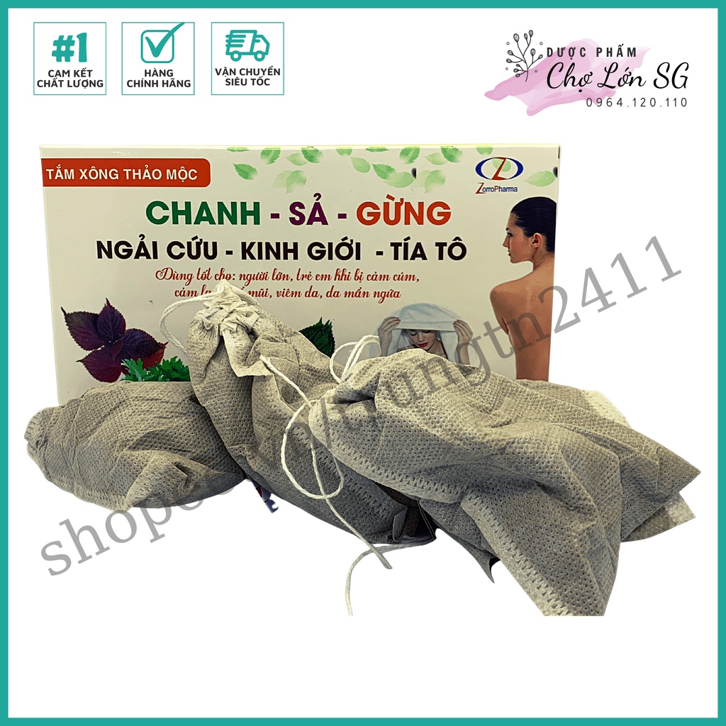 Tắm xông thảo mộc CHANH - SẢ - GỪNG - NGẢI CỨU - KINH GIỚI - TÍA TÔ hỗ trợ giảm cảm cúm, viêm da - Hộp 10 gói