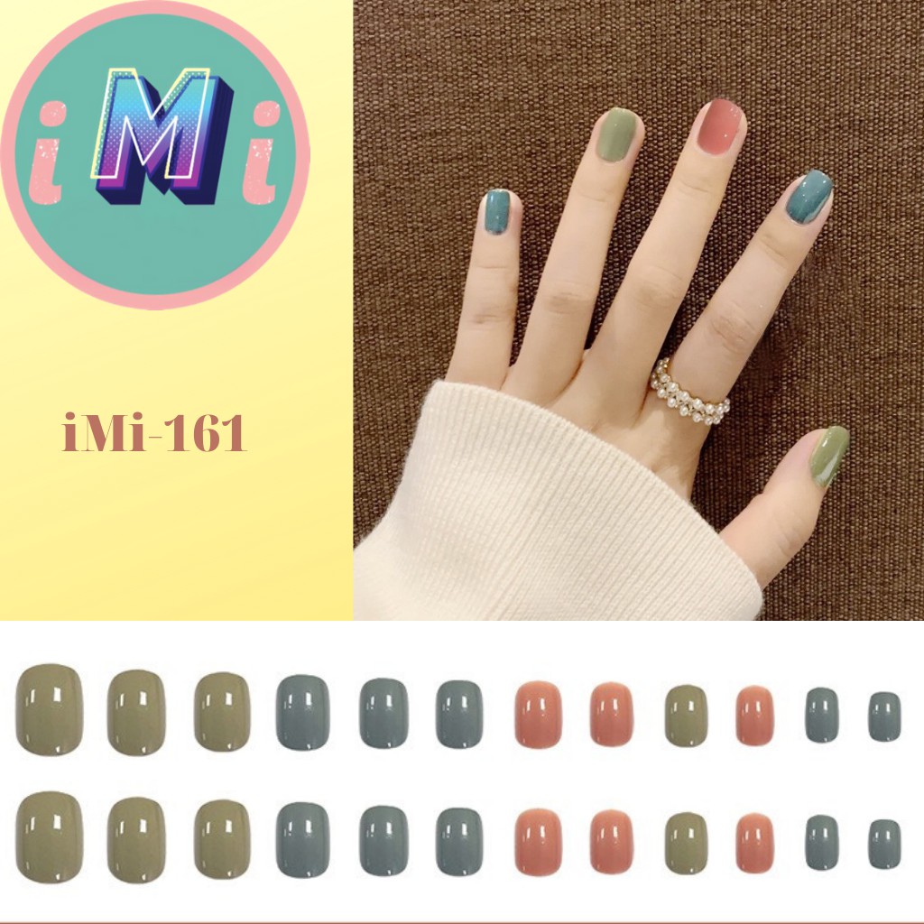 Set 24 móng tay giả, bộ móng tay giả sơn gel bóng phối nhiều màu sắc iMi161 kèm keo dán
