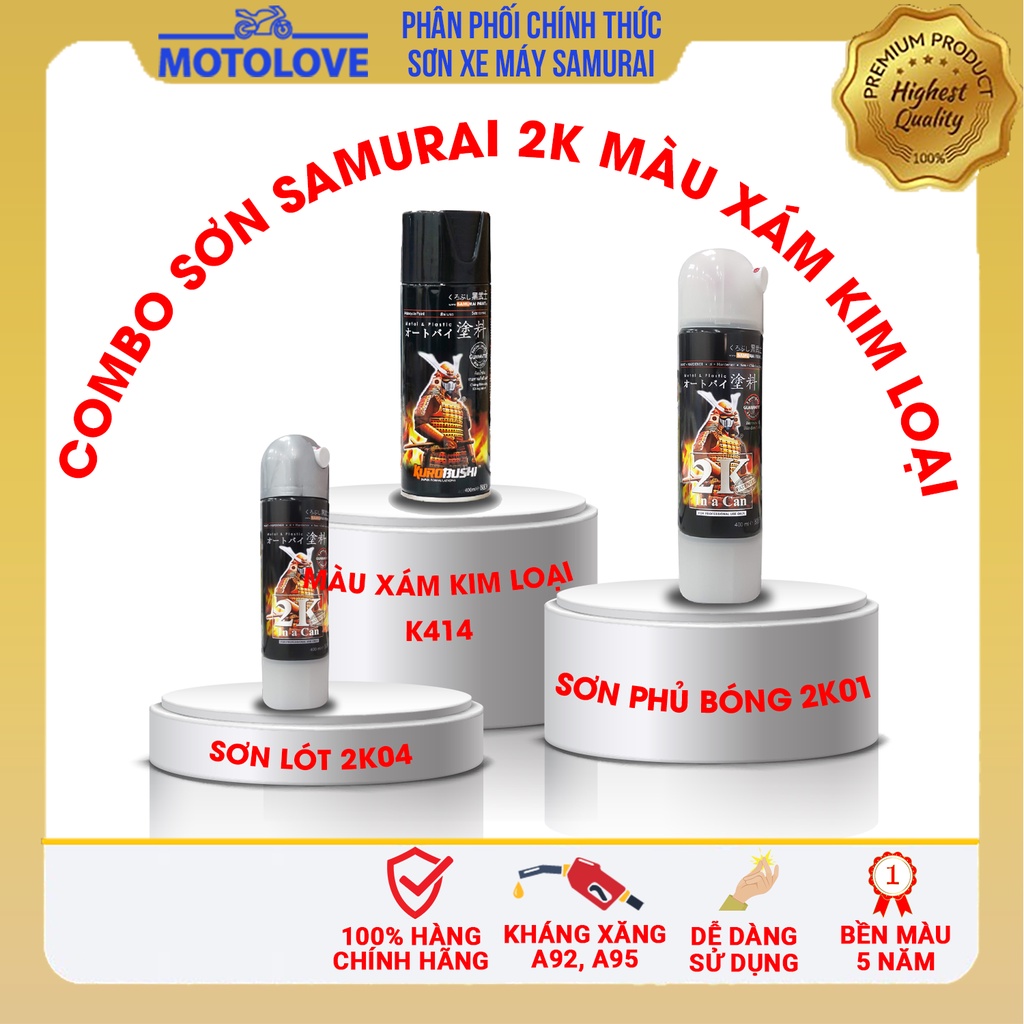 Combo Sơn Samurai màu xám kim loại K414 - loại 2K chuẩn quy trình độ bền 5 năm gồm 2K04 -K414-2K01 nhập khẩu từ Malaysia