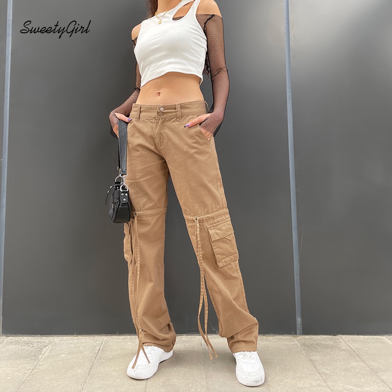 Quần jean ống suông Lưng Thấp Phối Túi Màu Trơn 2022 Thời Trang Cho Nữ