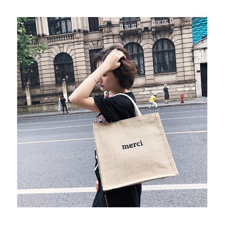 Túi Cói Merci Loại 1 Size To Vintage Đeo Vai, Đeo Chéo Đi Biển Màu Nâu Trơn