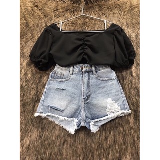Áo croptop tay phồng 2 màu nhún eo