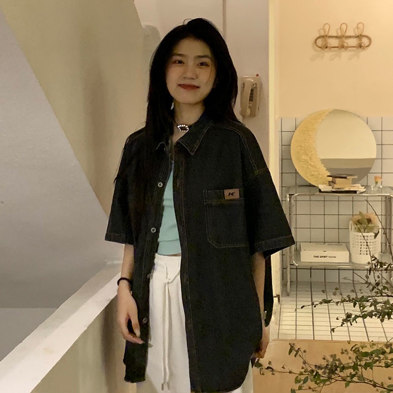 ○Áo Sơ Mi Denim Tay Ngắn Dáng Rộng Phong Cách Hồng Kông Thời Trang Mùa Hè Cho Nữ
