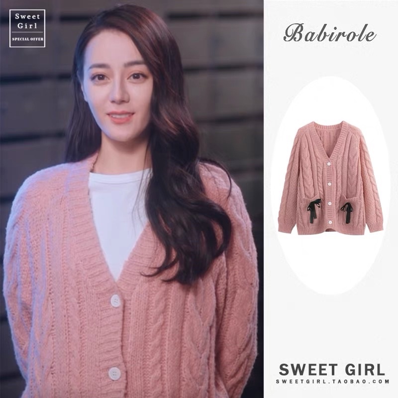 Áo cardigan len Hồng nơ túi giống Địch Lệ Nhiệt Ba
