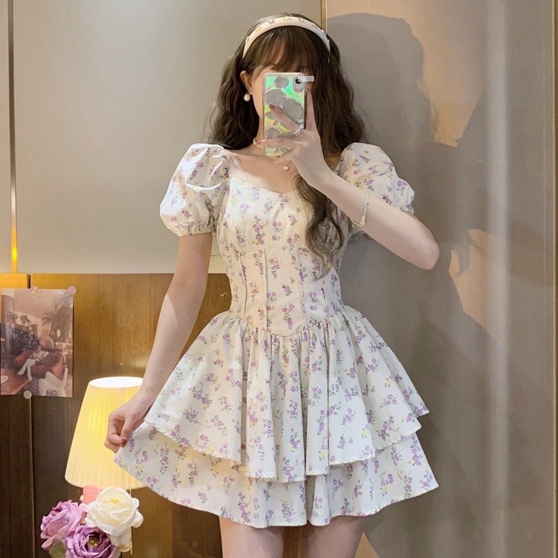 Đầm hoa nhí tay ngắn hai tầng xinh xắn kích thước lớn