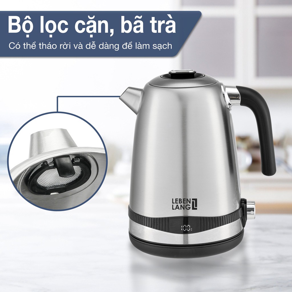 Ấm đun siêu tốc LEBENLANG LBE2662 bằng inox, điều khiển nhiệt độ, bảo hành đổi mới trong 2 năm