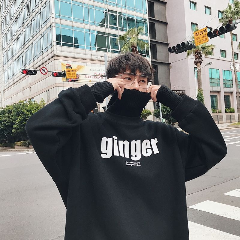 Áo sweater giả hai lớp cổ cao dáng rộng chất nhung dày ấm áp thời trang thu đông cho nam