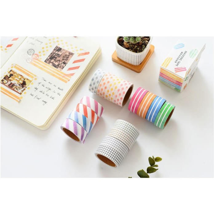 Set 4 washi tape chấm bi và kẻ sọc nhiều màu sắc