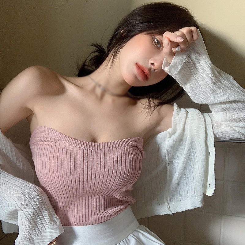 Áo ống dệt kim dáng ôm lưng cao thời trang cho nữ