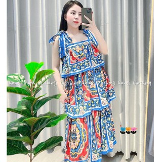 Đầm Maxi 2 dây tầng bèo đi biển hoạ tiết nổi bật (2 màu)
