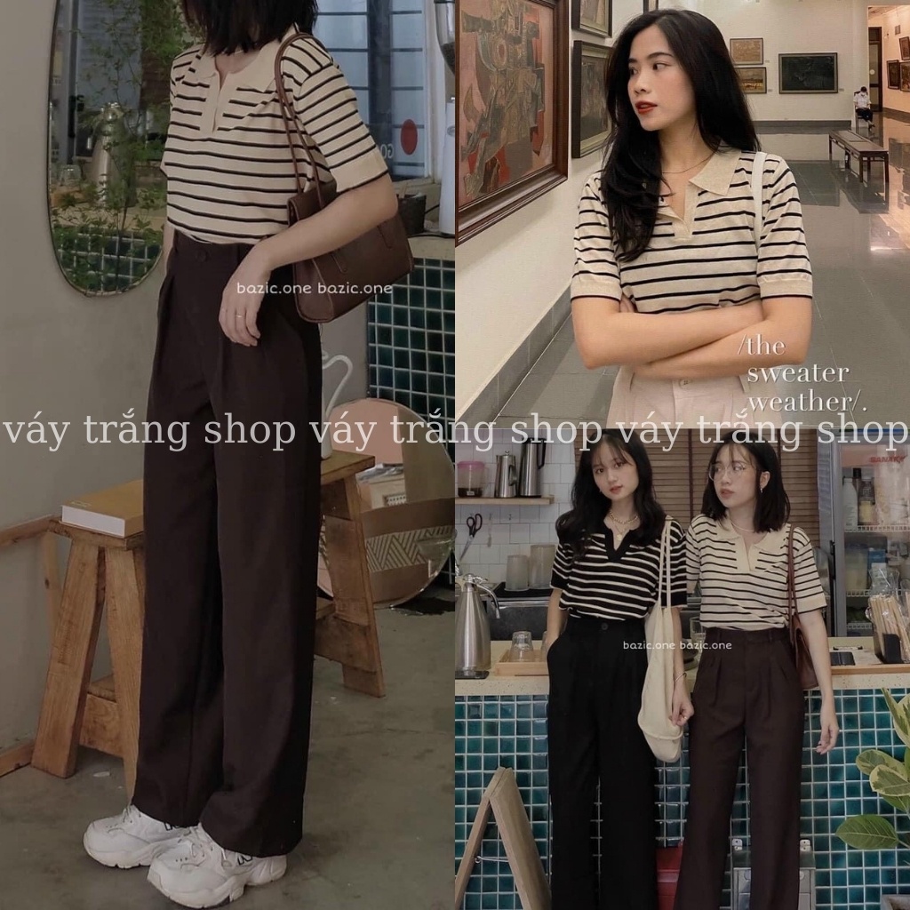 Áo len nữ - áo polo mongtoghi ngắn tay kẻ ngang 2 màu trắng/đen phong cách basix dễ mặc Váy Trắng Shop