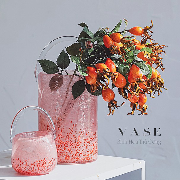 Giỏ Hoa Thủy Tinh Hồng - Cắm Hoa - Quà Tặng- Trang Trí - Cao Cấp