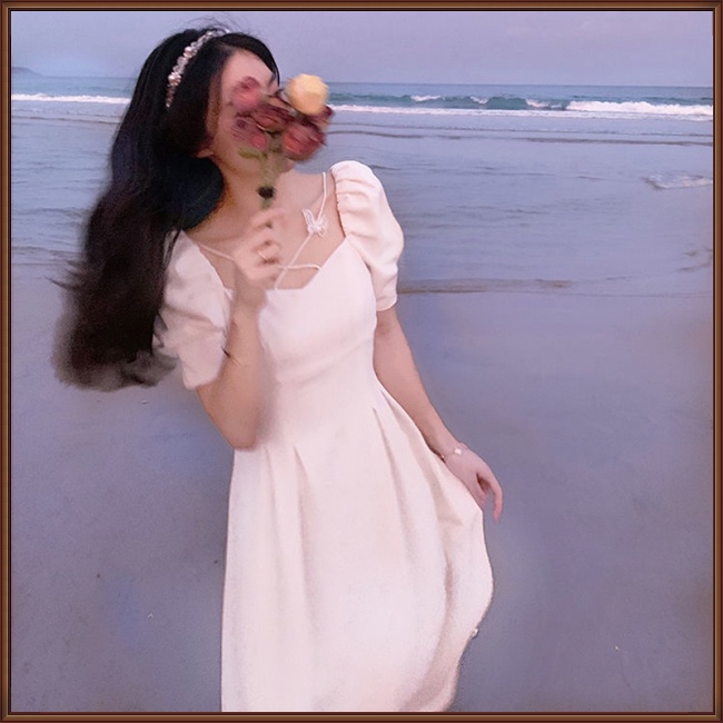 Đầm Dài Trung Bình Cổ Vuông Tay Phồng Màu Trắng Cổ Điển Cho Nữ