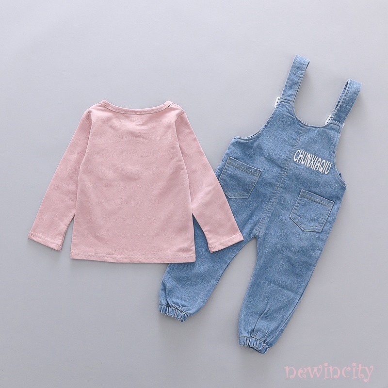 Bộ áo thun dài tay + quần yếm denim thời trang cho bé trai