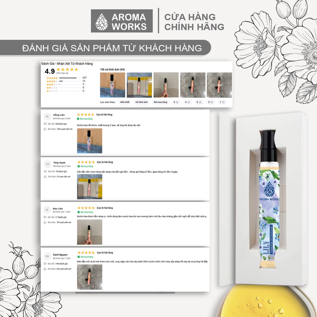 [Mã BMLT35 giảm đến 35K đơn 99K] Tinh dầu nước hoa không cồn, lưu hương lâu Aroma Works Lily Essential Oil Perfume 10ml