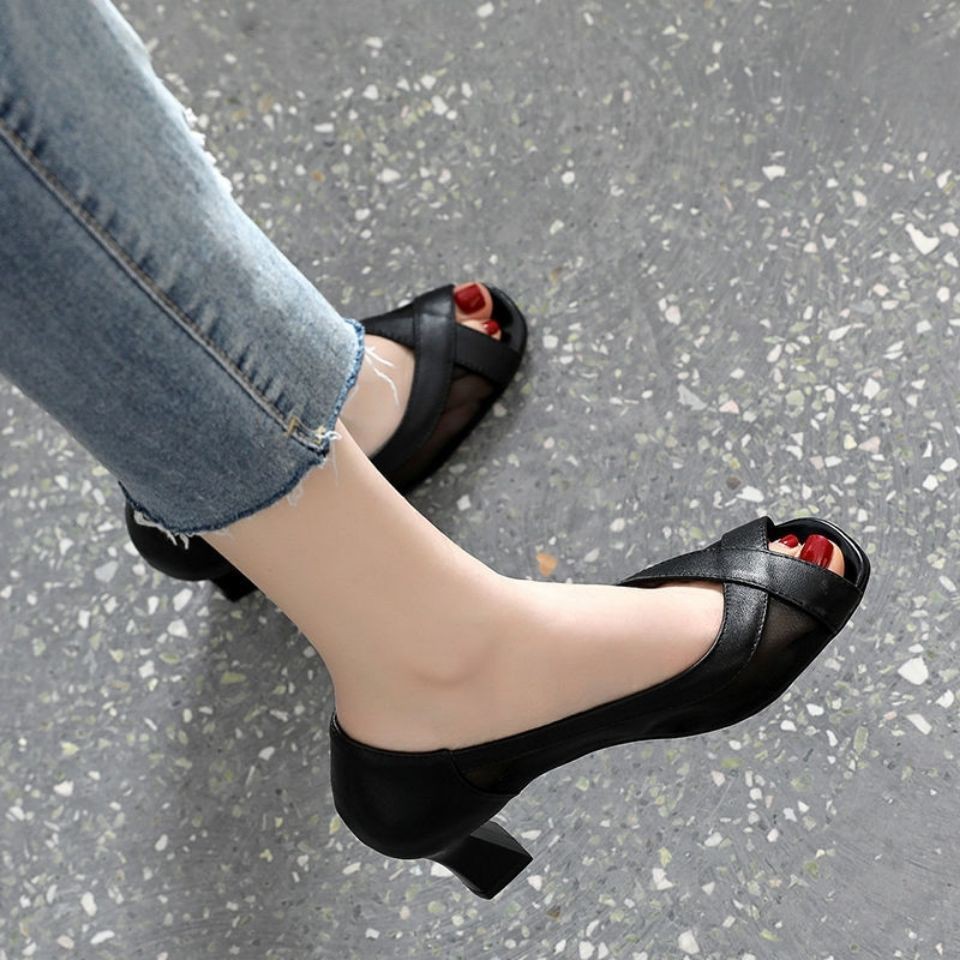 Giày cao gót da phối lưới thoáng khí phong cách mùa hè 2021 sành điệu cho nữ