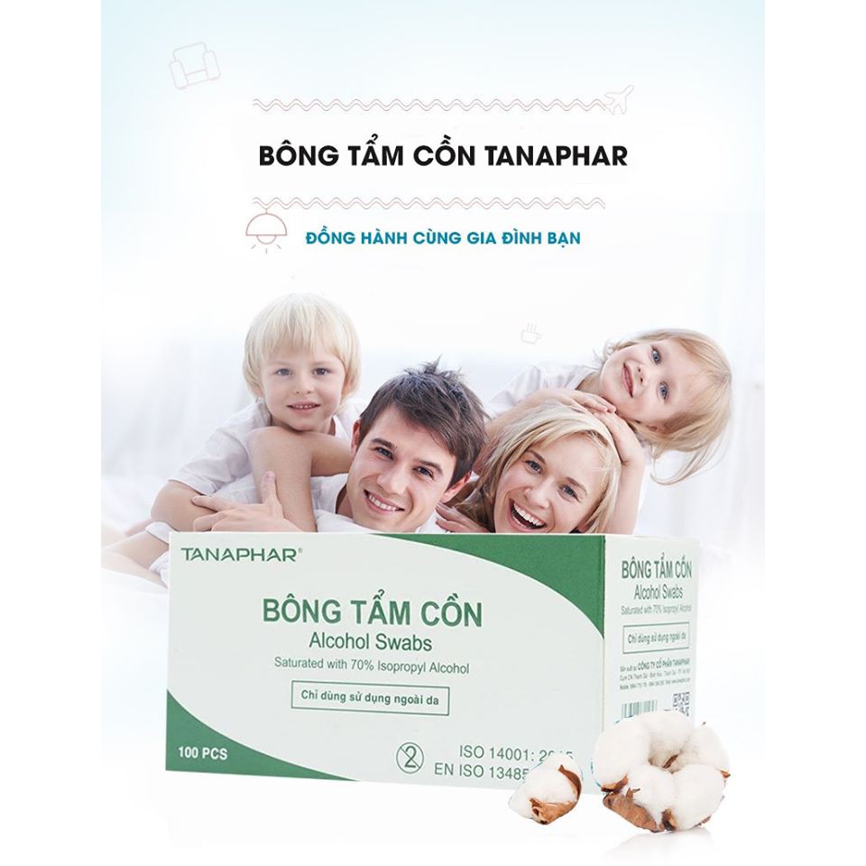 Bông tẩm cồn TANAPHAR 2 lớp (Hộp 100 miếng) làm sạch, khử trùng da để lau điện thoại, lau tay khi mở cửa, khi bấm thang