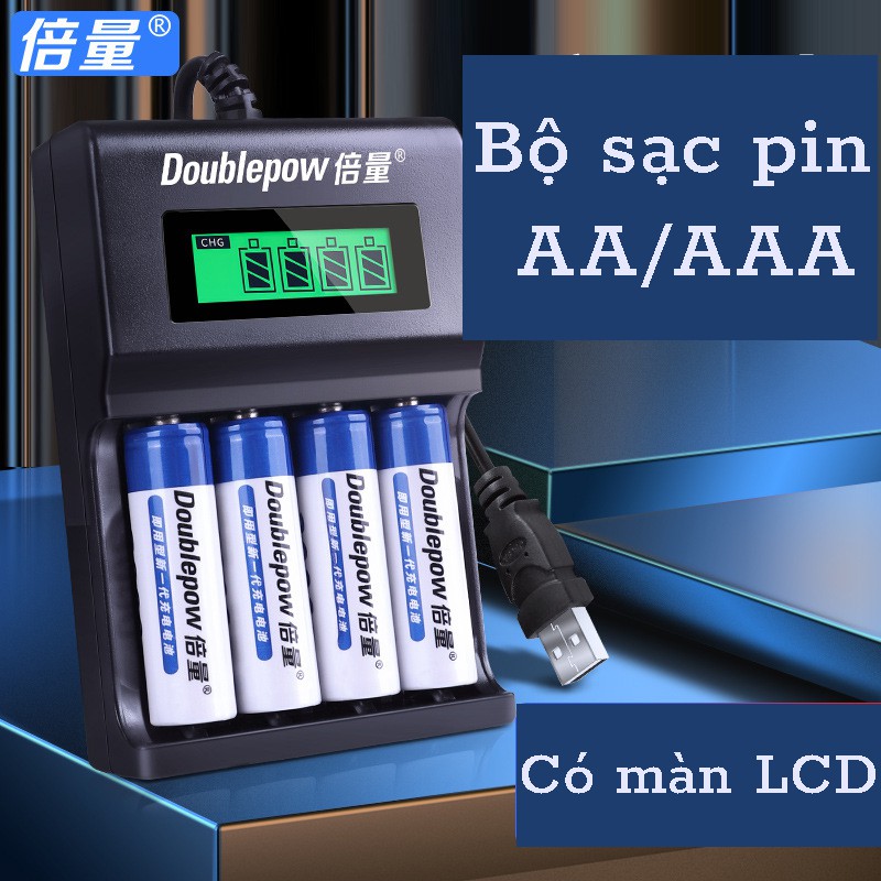 Bộ sạc pin Doublepow DP-UK93B có màn hình hiển thị dùng để sạc 4 viên pin AA/AAA cổng USB