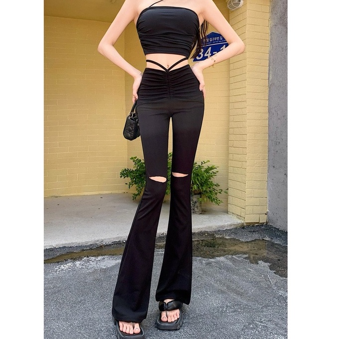 Quần Ôm Loe Cắt Gối Dây Đan Chéo Eo LSEOUL Q0211 Chất Cotton Dày Dặn Thoáng Mát Tôn Dáng