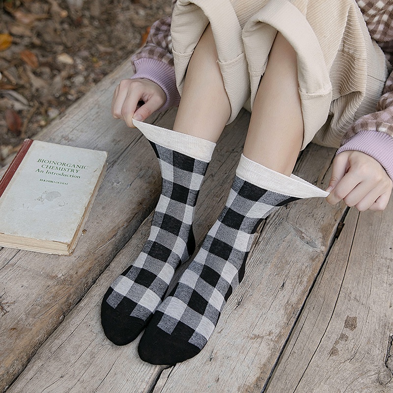 Mix Colour Plaid Women Loose Socks New Trend Cotton Casual Breathable Female Crew Socks College Style Stretch Girls Hosiery
