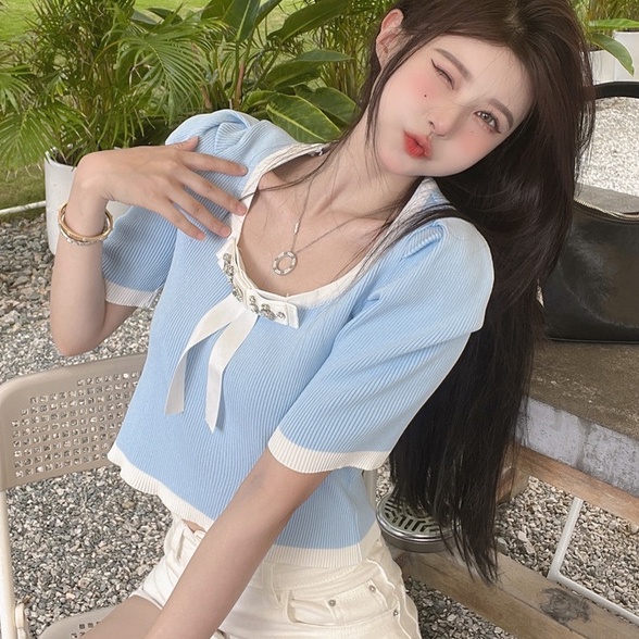 【ZHELIHANGFEI】Áo Thun Dệt Kim Tay Ngắn Phồng Đính Nơ Đính Đá Dễ Thương