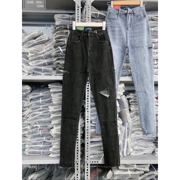 Jeans dài lưng cao co giãn rách pt