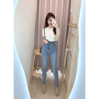 Jeans dài lưng cao co giãn trơn