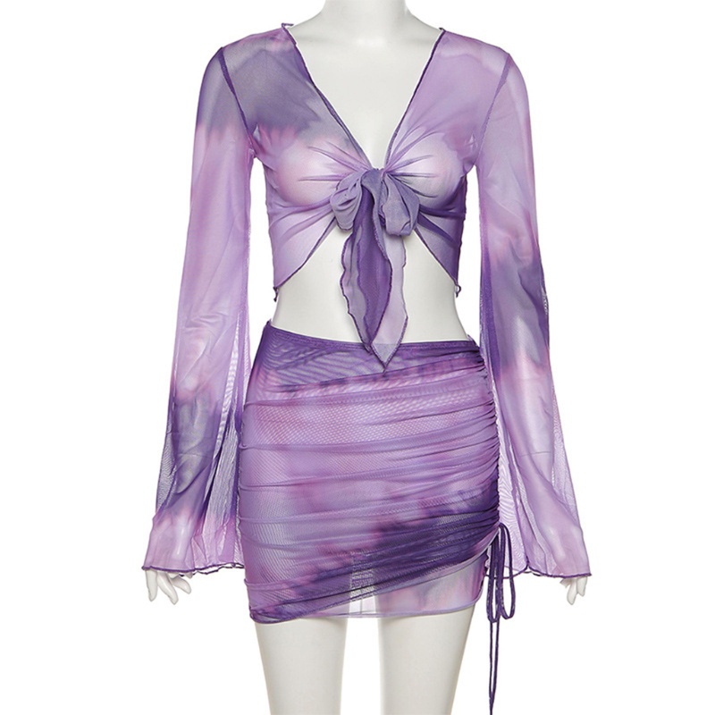 Set Đồ Bơi 2 Món Gồm Áo Lưới Tay Dài Thắt Nơ Và Chân Váy Ôm Dáng Có Dây Rút Quyến Rũ Cho Nữ