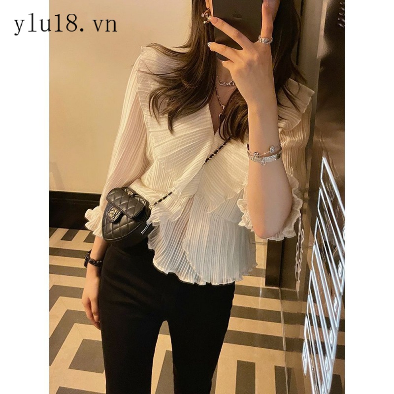 Hàng Mới Về Mới Áo Kiểu Xếp Ly Tay Lỡ Cổ Chữ V Phong Cách Pháp Thời Trang Mùa Hè 2022