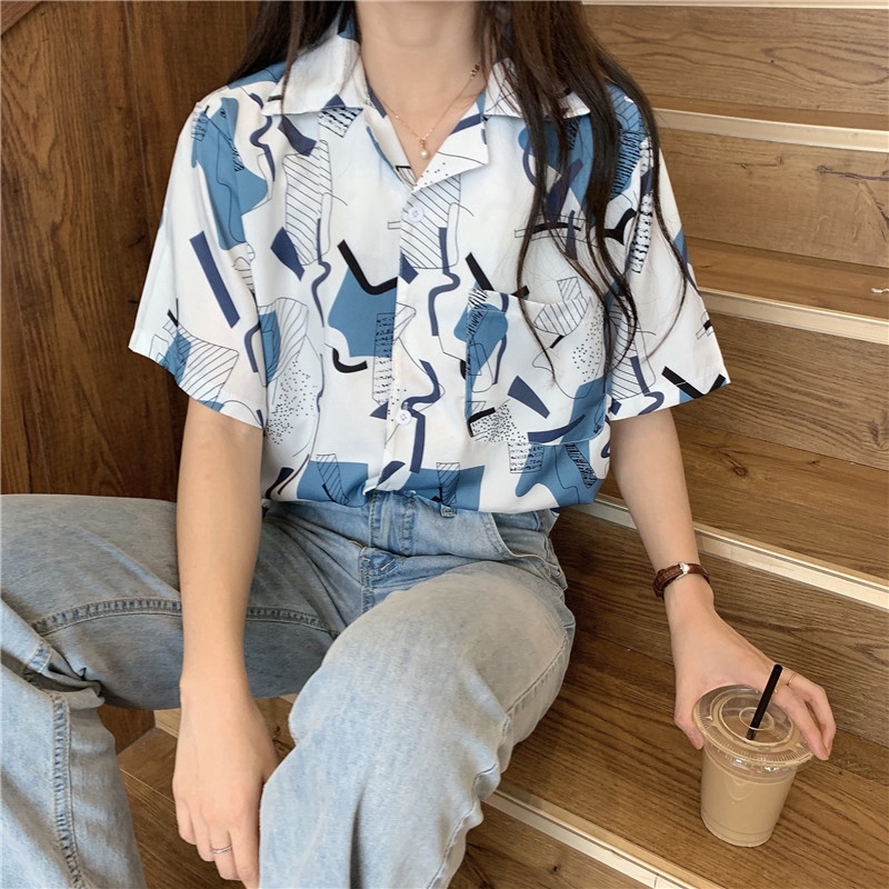 SUXI Áo Sơ Mi Tay Ngắn Cổ Chữ V Hoạ Tiết In Phong Cách Vintage Cá Tính