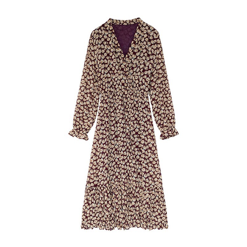 Đầm dài cổ chữ V in hoa ôm dáng phong cách Pháp thanh lịch cho nữ