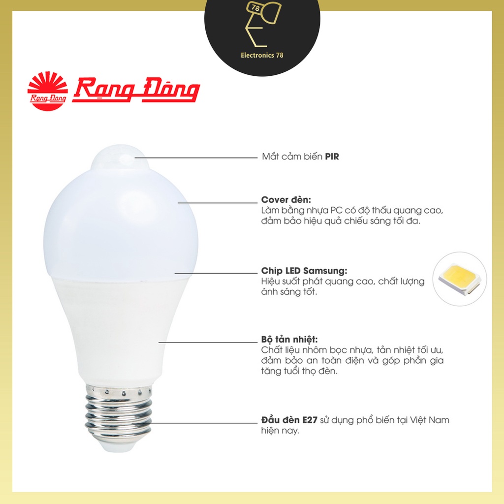 Bóng Led cảm biến tích hợp Hồng ngoại và Ánh sáng 9W Rạng Đông