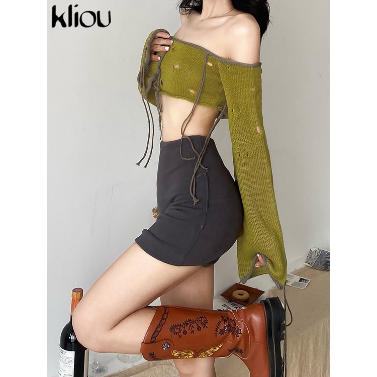 Kliou 2023 new Áo Croptop Dệt Kim Trễ Vai Tay Dài Thiết Kế Khoét Vai Quyến Rũ