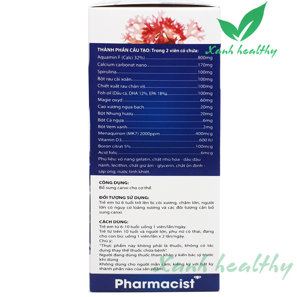 Viên Uống Canxi Aquamin F 800mg bổ sung Vitamin D3, dầu cá Canxi tảo biển đỏ Phát triển hệ xương - Hộp 30 viên