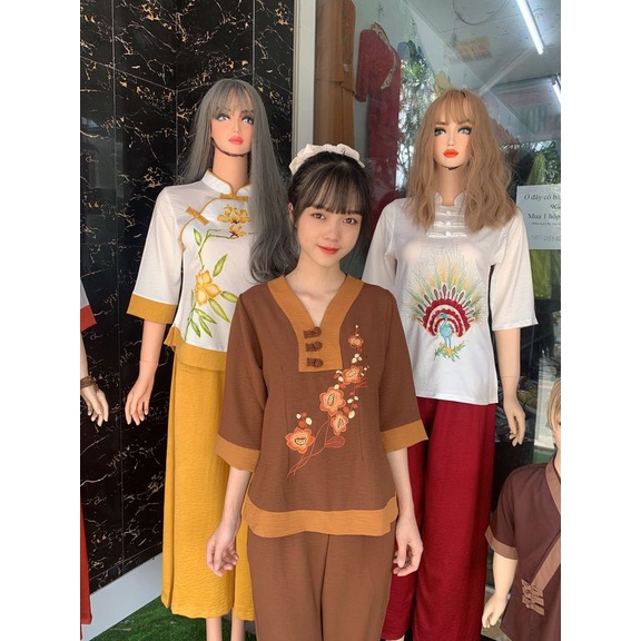 Đồ lam - Áo lam - Cổ V 3 Nút Đũi