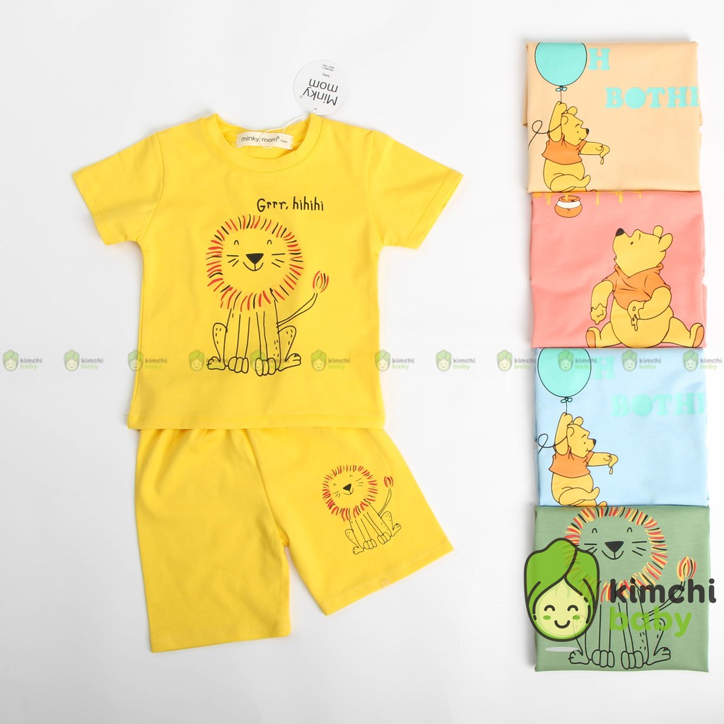 Đồ Bộ Bé Trai, Bé Gái Minky Mom Vải Cotton 100% Họa Tiết Sư Tử Gấu Pooh, Bộ Cộc Tay Cho Bé Mặc Nhà Mùa Hè MKM2110