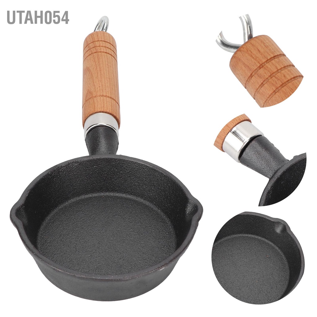 Hàng Sẵn Chảo Gang Mini 10CM với tay cầm bằng gỗ chiên trứng bánh kếp【Utah054】